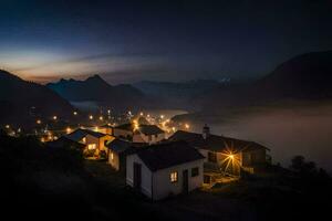 ein Dorf beim Nacht mit Nebel und Beleuchtung. KI-generiert foto