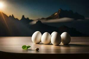 fünf Eier auf ein Tabelle mit Berge im das Hintergrund. KI-generiert foto