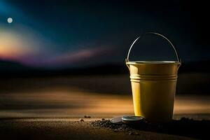 ein Eimer von Sand sitzt auf das Sand beim Nacht. KI-generiert foto