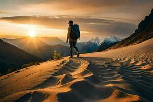 ein Mann mit ein Rucksack Gehen auf das Sand Dünen beim Sonnenuntergang. KI-generiert foto