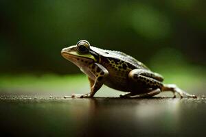 ein Frosch ist Stehen auf das Boden mit es ist Augen geschlossen. KI-generiert foto