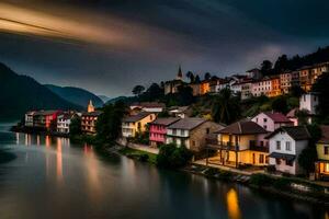 ein Fluss läuft durch ein Stadt, Dorf beim Nacht. KI-generiert foto