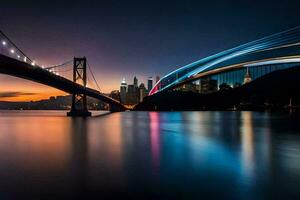 das Bucht Brücke beim Nacht mit ein lange Belichtung. KI-generiert foto