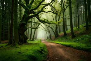 ein Pfad durch ein Wald mit Bäume und Grün Gras. KI-generiert foto