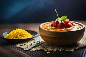 ein Schüssel von Suppe mit Erdbeeren und Nudeln auf ein hölzern Tisch. KI-generiert foto