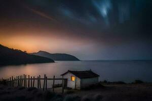 ein klein Haus sitzt auf das Ufer von ein See beim Sonnenuntergang. KI-generiert foto