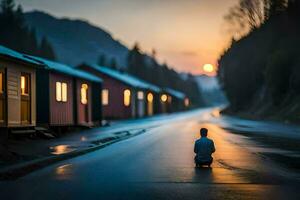 ein Mann sitzt auf das Seite von ein Straße beim Sonnenuntergang. KI-generiert foto