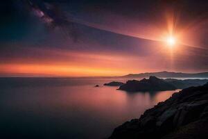 Sonnenuntergang Über das Ozean, Berge, Felsen, hd Hintergrund. KI-generiert foto