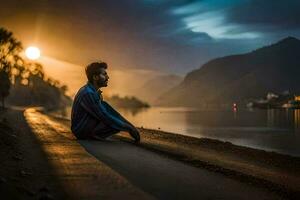 ein Mann Sitzung auf das Seite von das Straße beim Sonnenuntergang. KI-generiert foto