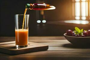 ein Glas von Orange Saft Sein gegossen in ein Glas. KI-generiert foto