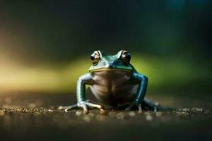 ein Frosch Sitzung auf das Boden mit ein verschwommen Hintergrund. KI-generiert foto