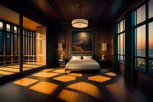 ein Schlafzimmer mit ein groß Bett und Fenster mit Blick auf das Ozean. KI-generiert foto