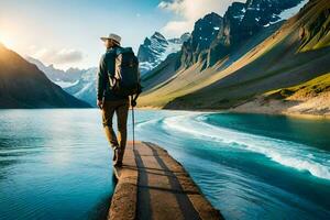 ein Mann mit ein Rucksack Stehen auf ein Dock suchen beim das Berge. KI-generiert foto