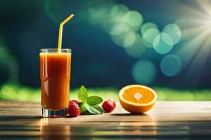 ein Glas von Orange Saft mit ein Stroh und Beeren. KI-generiert foto