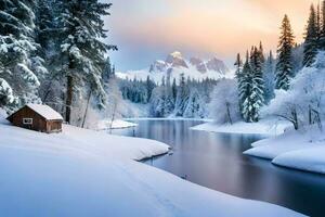 ein Kabine sitzt auf das Ufer von ein Fluss im das Schnee. KI-generiert foto