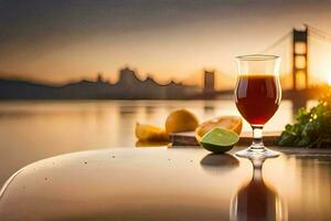 ein Glas von Orange Saft mit ein Aussicht von das golden Tor Brücke. KI-generiert foto