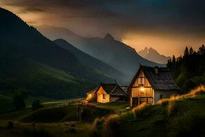 Foto Hintergrund das Himmel, Berge, Haus, das dunkel, das Berge, das dunkel Himmel,. KI-generiert