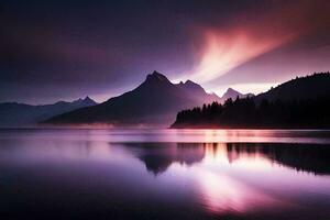 ein schön Sonnenuntergang Über ein See mit Berge im das Hintergrund. KI-generiert foto