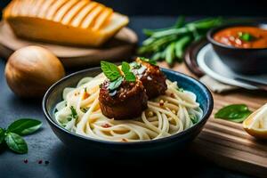 Spaghetti mit Fleischklößchen und Soße im ein Schüssel. KI-generiert foto