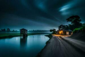 ein lange Exposition fotografieren von ein Fluss und ein Haus beim Nacht. KI-generiert foto