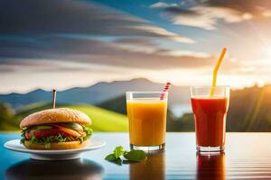 ein Burger und Saft auf ein Tabelle mit Berge im das Hintergrund. KI-generiert foto