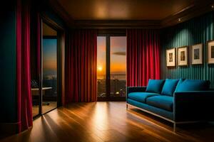 ein Leben Zimmer mit ein Blau Couch und ein Aussicht von das Sonnenuntergang. KI-generiert foto