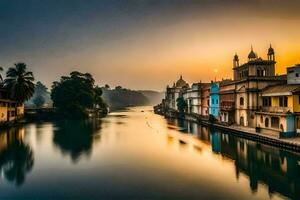 ein Fluss läuft durch ein Stadt beim Sonnenuntergang. KI-generiert foto