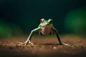ein Frosch ist Stehen auf das Boden mit es ist Beine Ausbreitung. KI-generiert foto