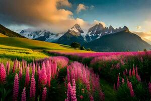 das Sonne scheint auf das Berge und Blumen im das Feld. KI-generiert foto