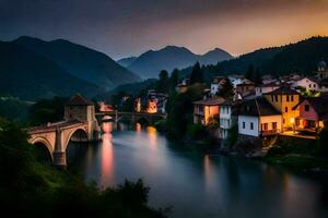 Foto Hintergrund das Himmel, Berge, Fluss, Brücke, Stadt, Haus, Fluss, Brücke,. KI-generiert