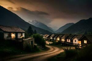 Foto Hintergrund das Himmel, Berge, Straße, Häuser, das dunkel, das Berge, das Straße. KI-generiert