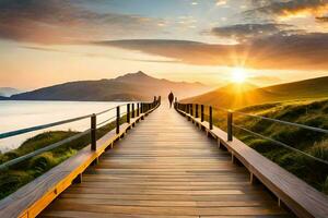 das Sonne steigt an Über das Berge und das Promenade. KI-generiert foto