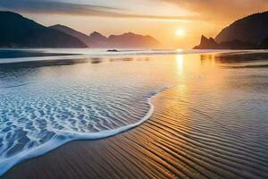 das Sonne setzt Über das Ozean und Wellen auf ein Strand. KI-generiert foto