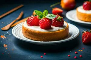 zwei Kuchen mit Erdbeeren auf oben und ein Gabel. KI-generiert foto