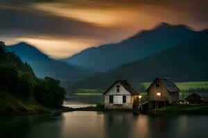 Foto Hintergrund das Himmel, Berge, See, Haus, das dunkel, das See, das Berge. KI-generiert