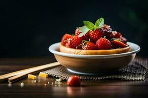 Erdbeeren im ein Schüssel mit Käse und Essstäbchen. KI-generiert foto