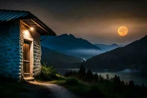 ein klein Kabine im das Berge mit ein voll Mond. KI-generiert foto