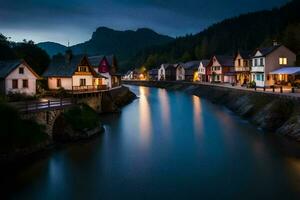 ein Fluss läuft durch ein Stadt, Dorf beim Nacht. KI-generiert foto