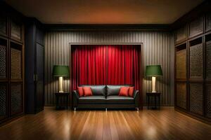 ein Zimmer mit ein schwarz Couch und rot Vorhänge. KI-generiert foto