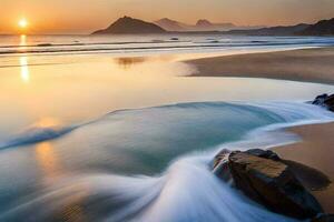 ein schön Sonnenuntergang Über das Ozean mit Wellen abstürzen auf das Strand. KI-generiert foto