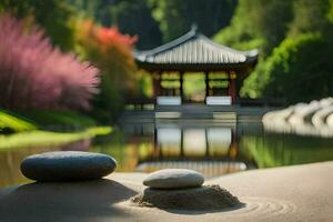 zwei Steine sitzen auf das Sand in der Nähe von ein Teich und ein Pagode. KI-generiert foto