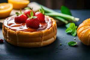 ein Kuchen mit Erdbeeren und Orange Scheiben. KI-generiert foto