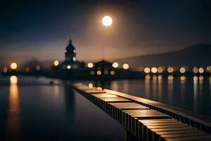 ein Seebrücke mit ein Leuchtturm im das Hintergrund beim Nacht. KI-generiert foto