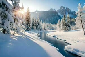 Foto Hintergrund das Himmel, Schnee, Bäume, Fluss, Berge, Sonne, Fluss, Fluss,. KI-generiert