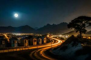 ein voll Mond scheint Über ein Berg Angebot und Stadt, Dorf beim Nacht. KI-generiert foto