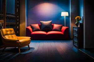 ein Zimmer mit ein rot Couch und ein Lampe. KI-generiert foto