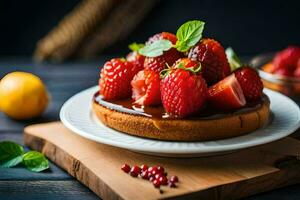 ein Kuchen mit Erdbeeren und Minze Blätter auf ein Platte. KI-generiert foto