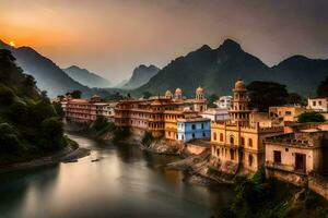 Foto Hintergrund das Himmel, Fluss, Berge, Indien, das Sonne, das Berge, Die. KI-generiert