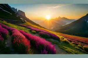 das Sonne steigt an Über ein Berg Angebot mit lila Blumen. KI-generiert foto