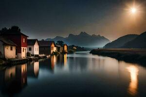 Foto Hintergrund das Himmel, Wasser, Berge, Fluss, Haus, Fluss, das Mond, Die. KI-generiert